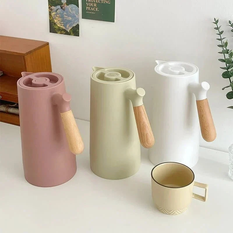 Thermos Jug Vacuum-Insulated Borosilicate Glass Wooden Handle