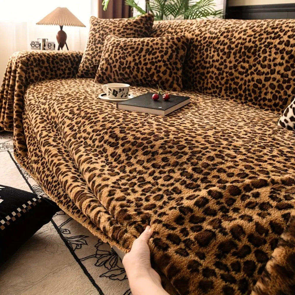 Thick Plush Microfiber Leopard-Print Sofa Cover