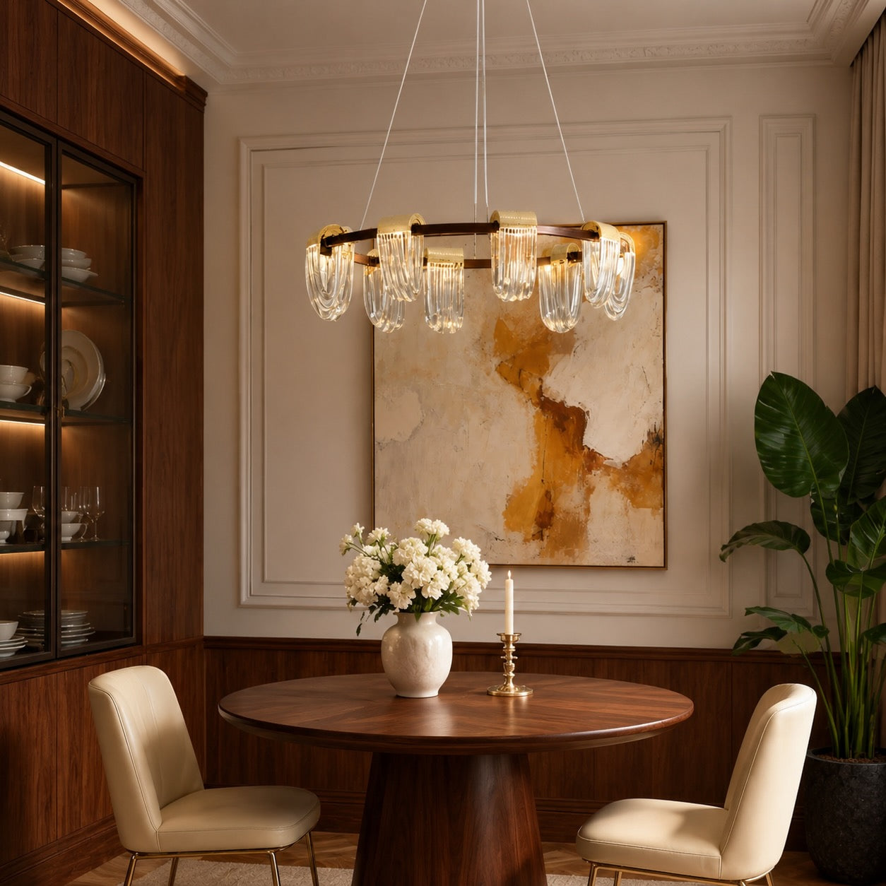 Three-Color Dimming Adjustable-Height Circular Chandelier