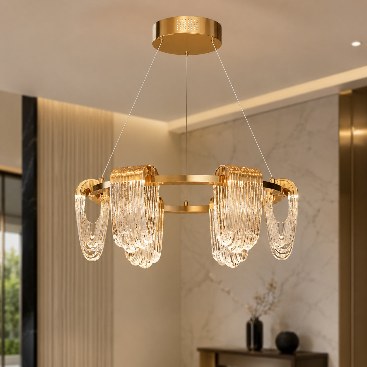 Three-Color Dimming Adjustable-Height Circular Chandelier
