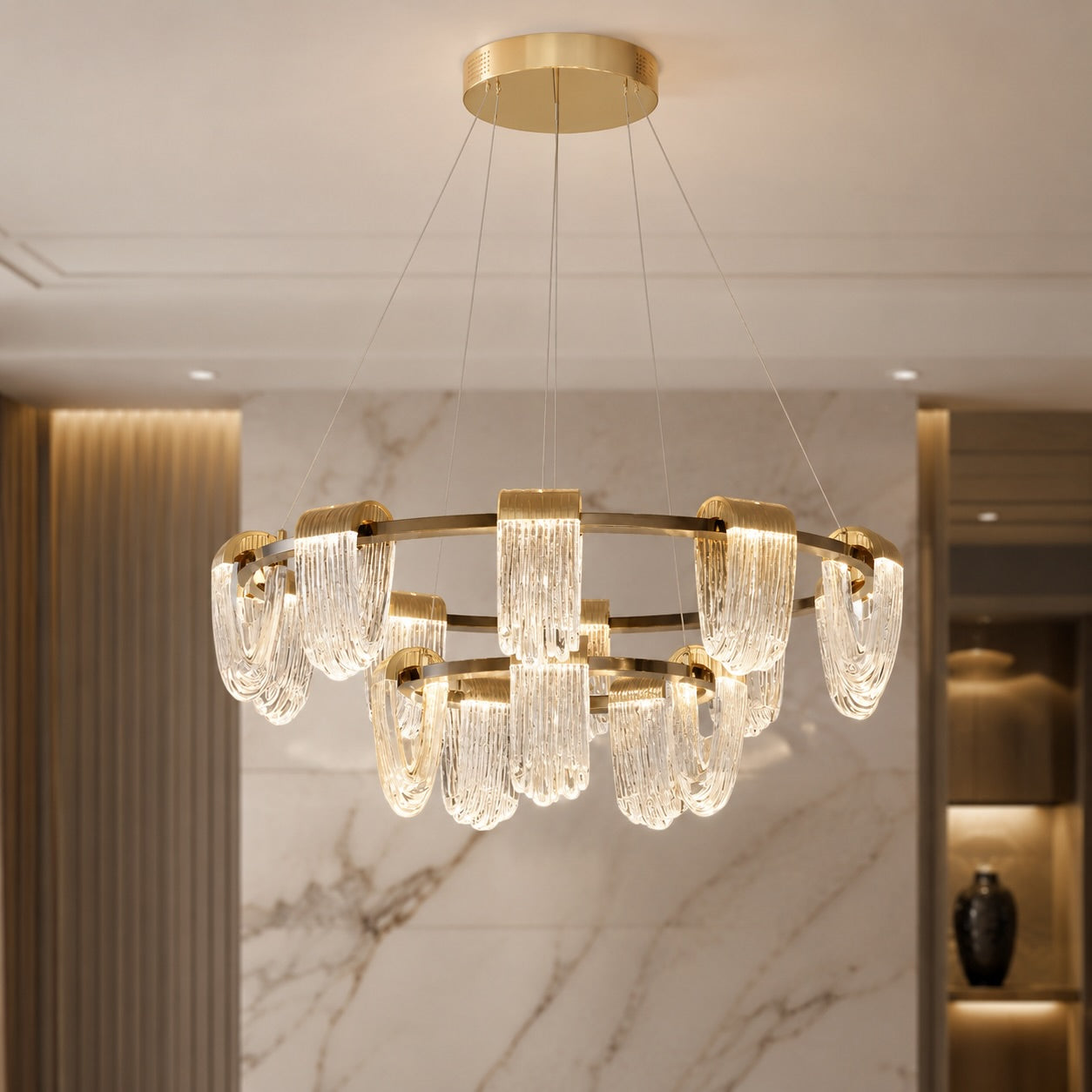Three-Color Dimming Adjustable-Height Circular Chandelier
