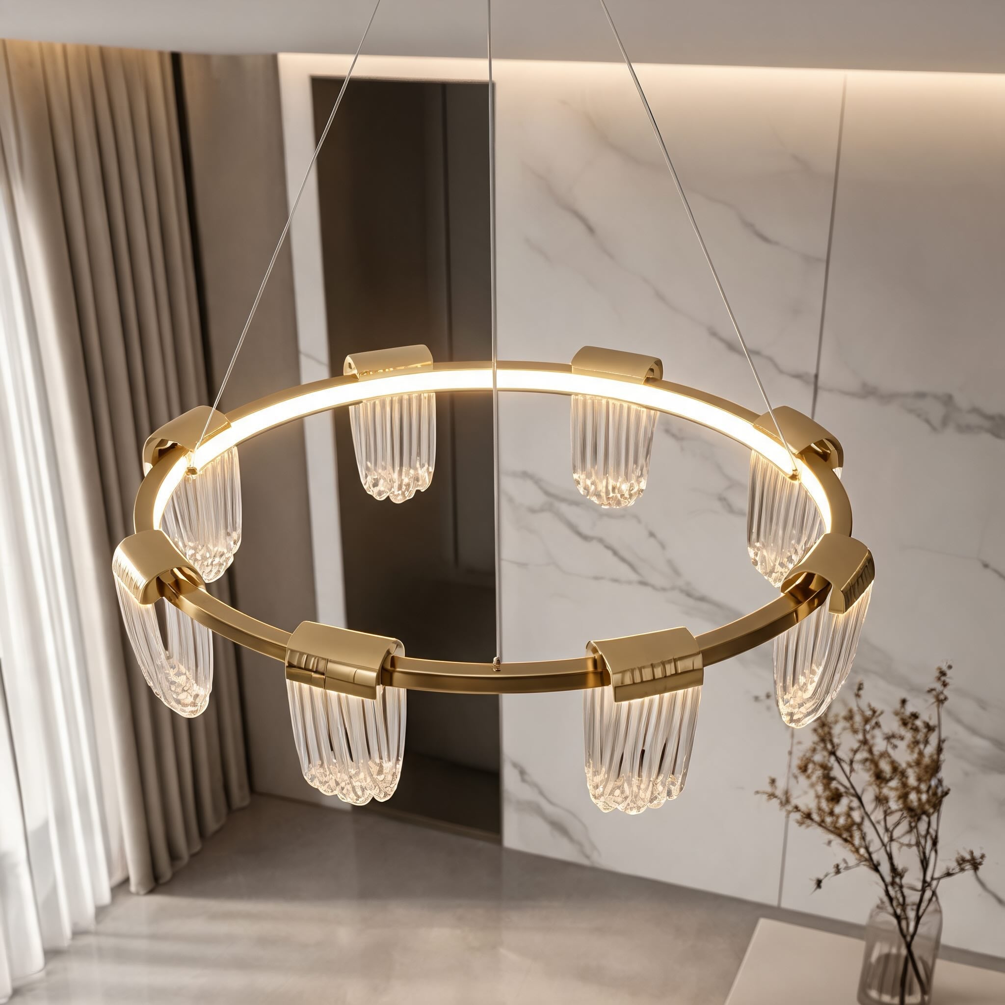 Three-Color Dimming Adjustable-Height Circular Chandelier