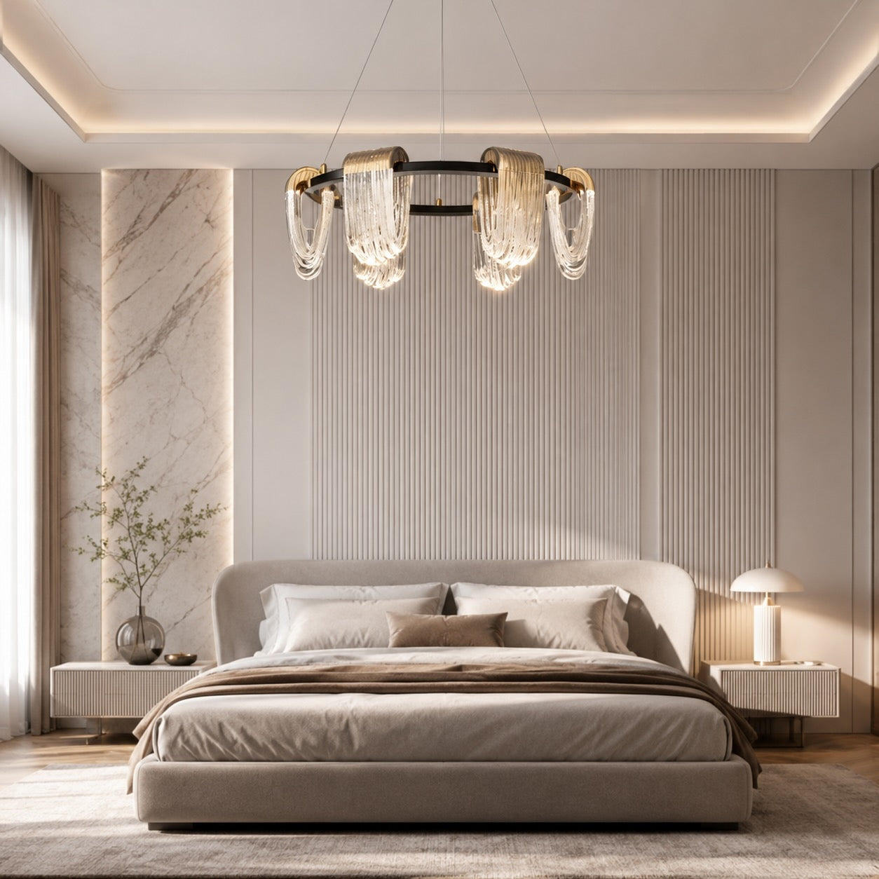 Three-Color Dimming Adjustable-Height Circular Chandelier