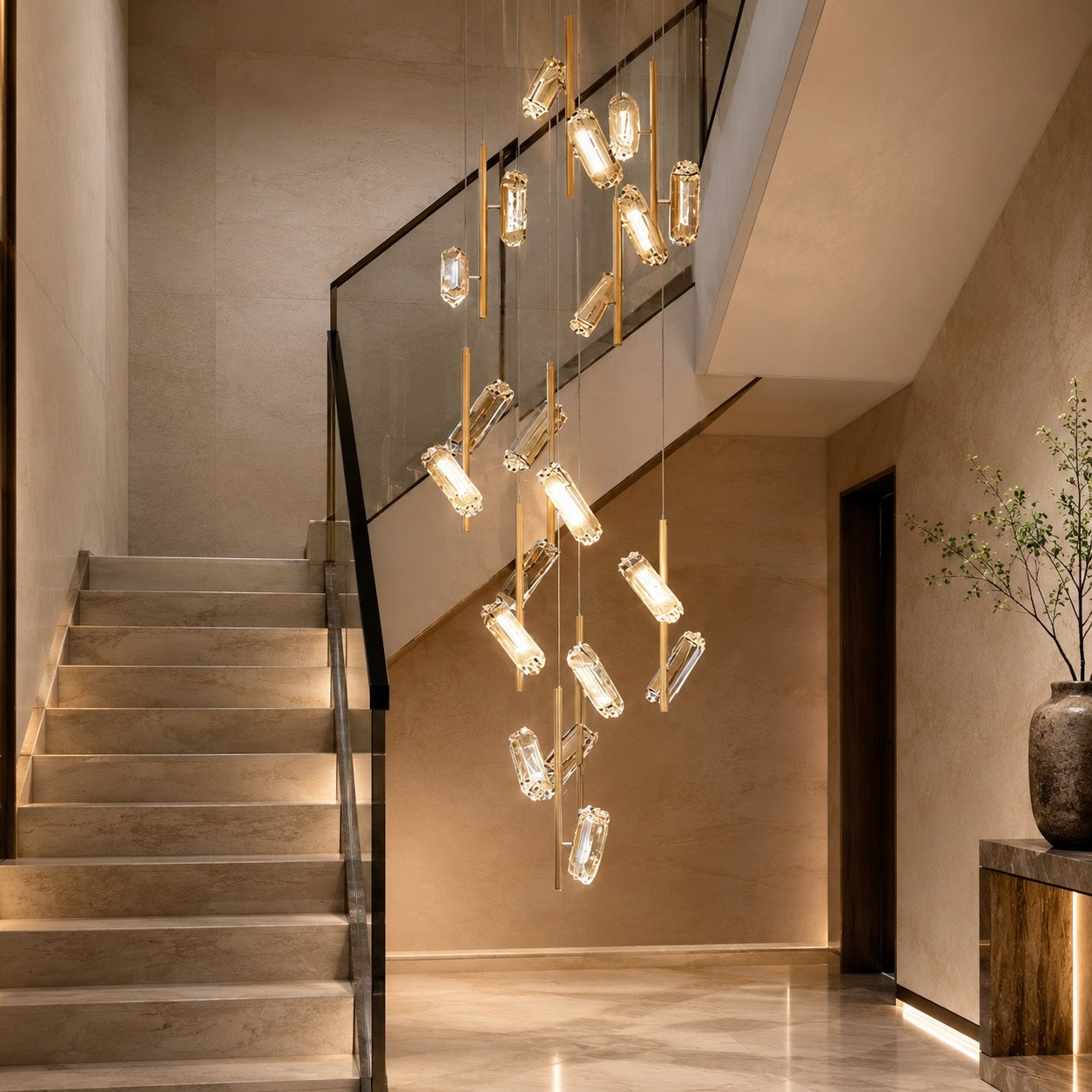 Three-Color LED Aluminum Staircase Chandelier (20-Light, Adjustable Height)