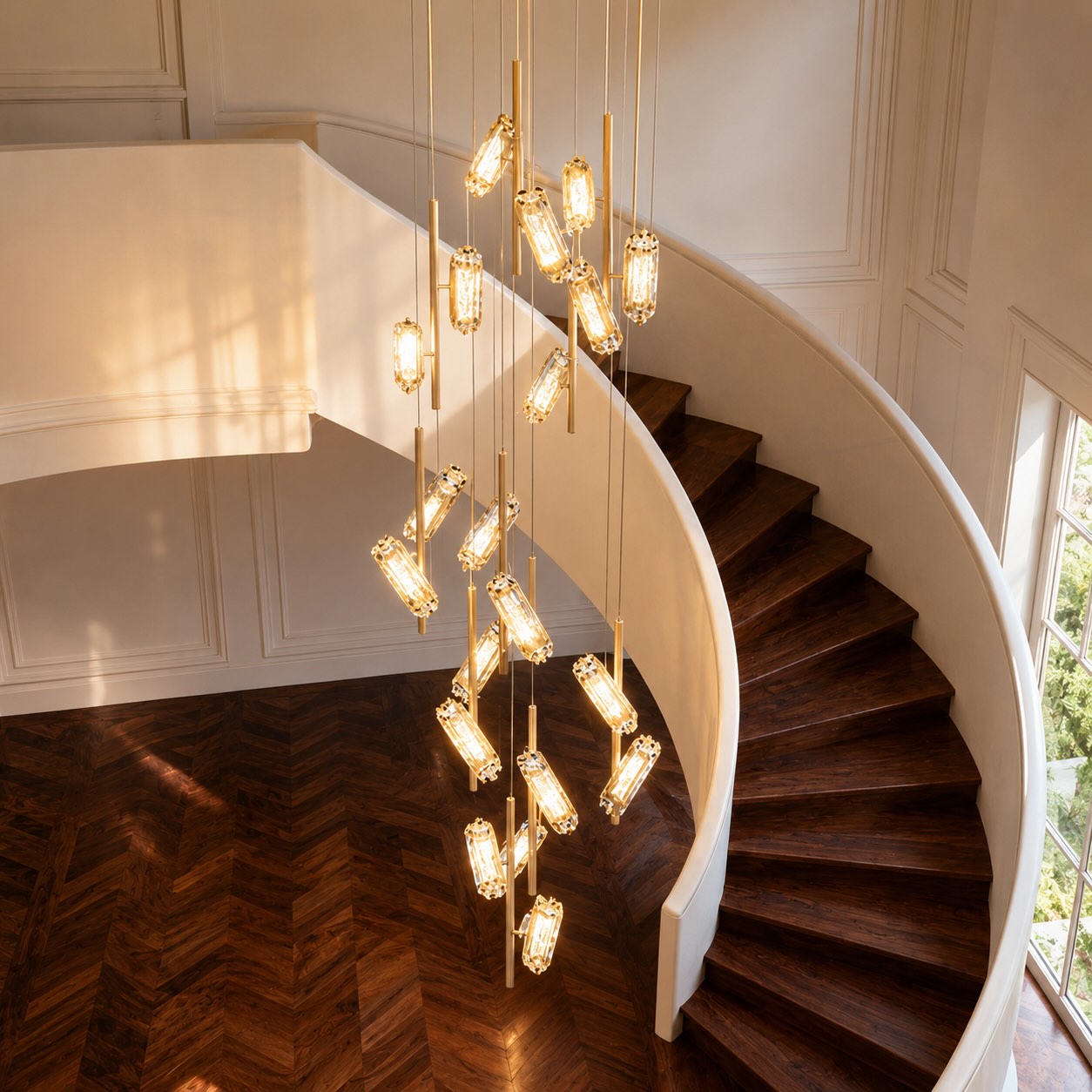 Three-Color LED Aluminum Staircase Chandelier (20-Light, Adjustable Height)