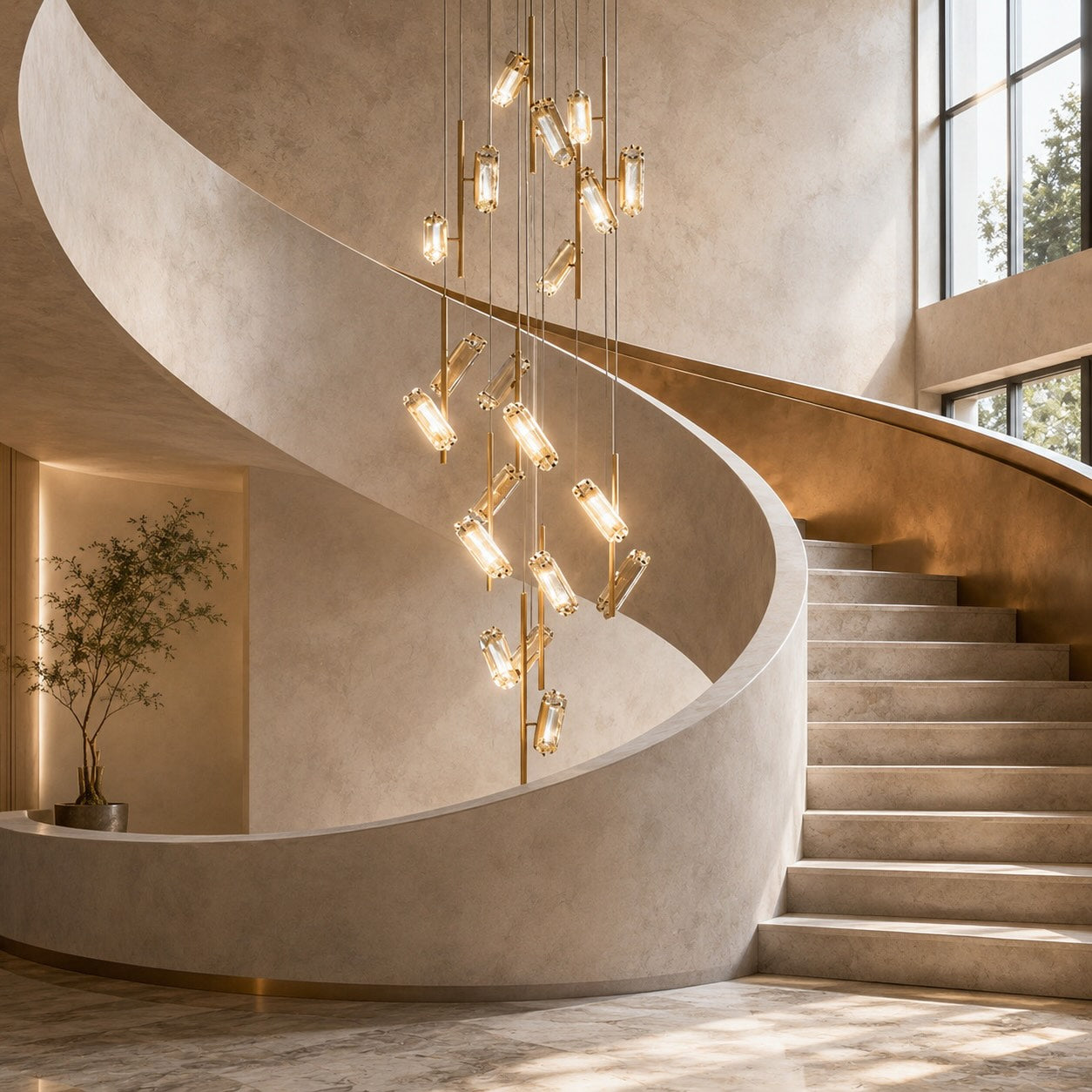 Three-Color LED Aluminum Staircase Chandelier (20-Light, Adjustable Height)