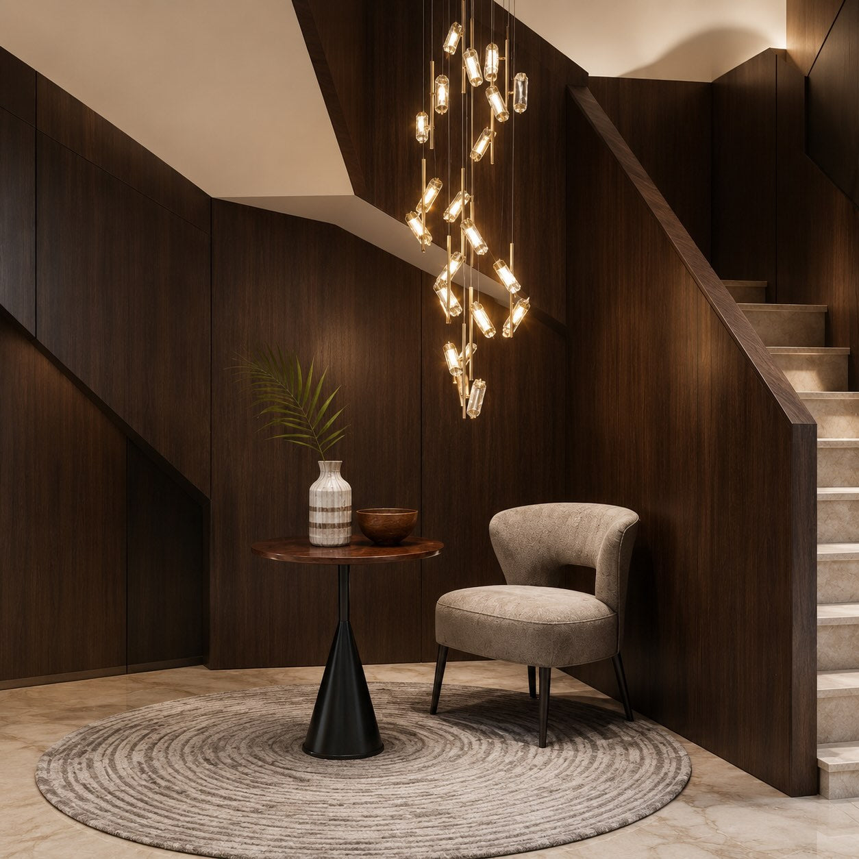 Three-Color LED Aluminum Staircase Chandelier (20-Light, Adjustable Height)