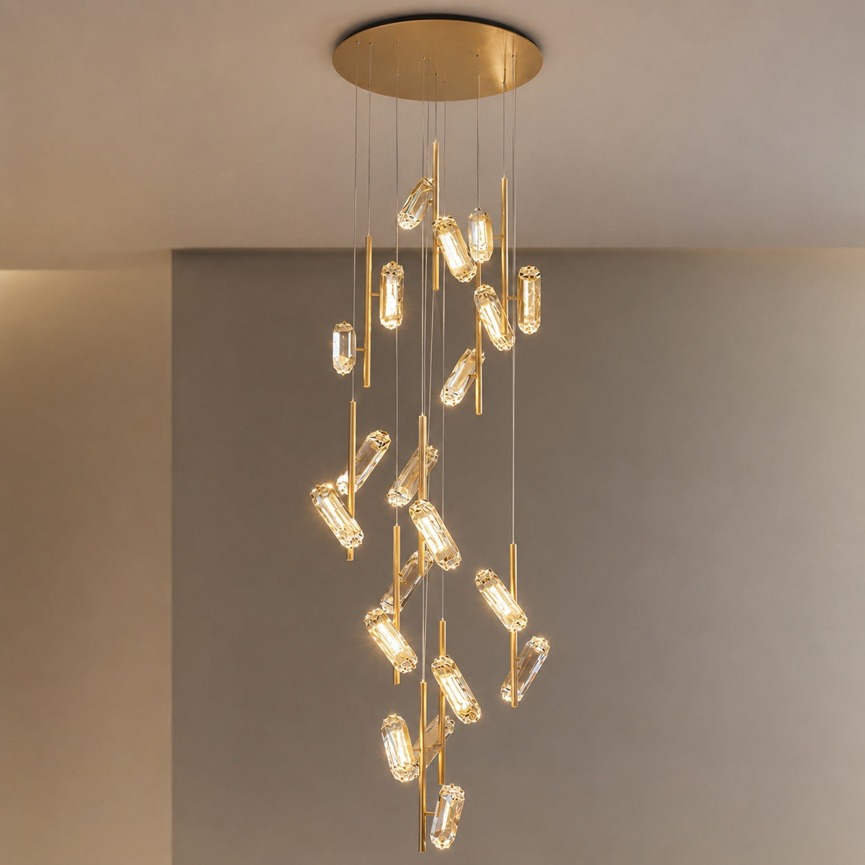 Three-Color LED Aluminum Staircase Chandelier (20-Light, Adjustable Height)