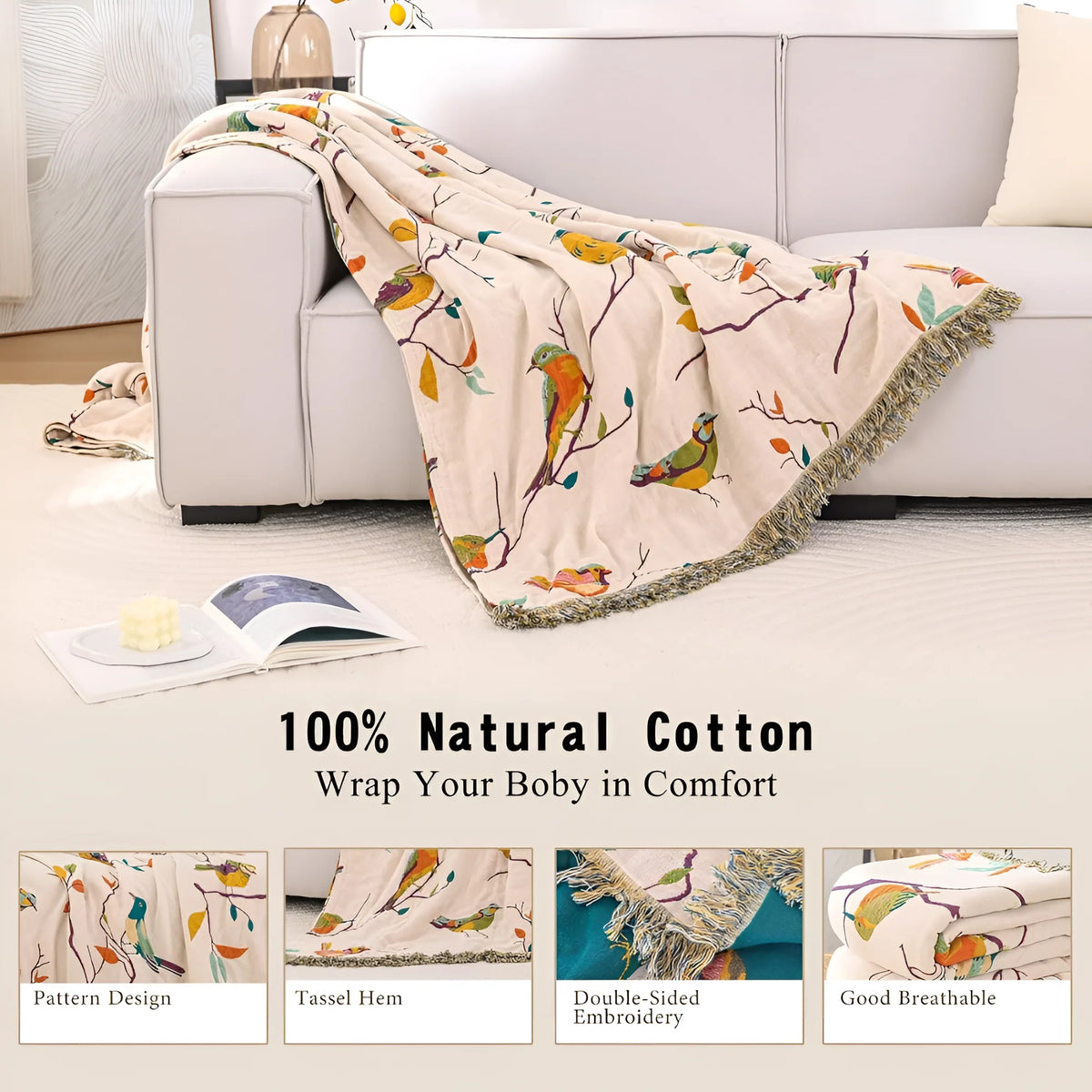 Throw Blanket 100% Cotton Boho Tassels Queen