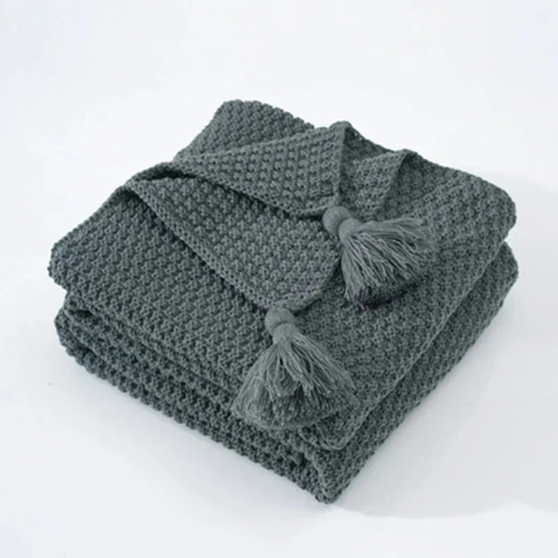 Throw Blanket 100% Wool Temperature-Regulating Tassels & Bobbles