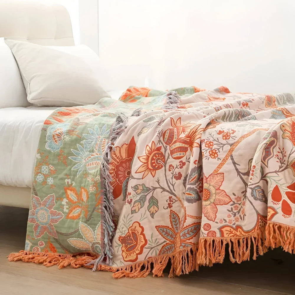 Throw Blanket Boho Floral Woven Fringe Machine Washable