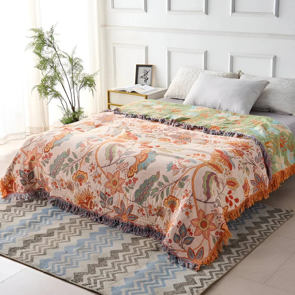 Throw Blanket Boho Floral Woven Fringe Machine Washable