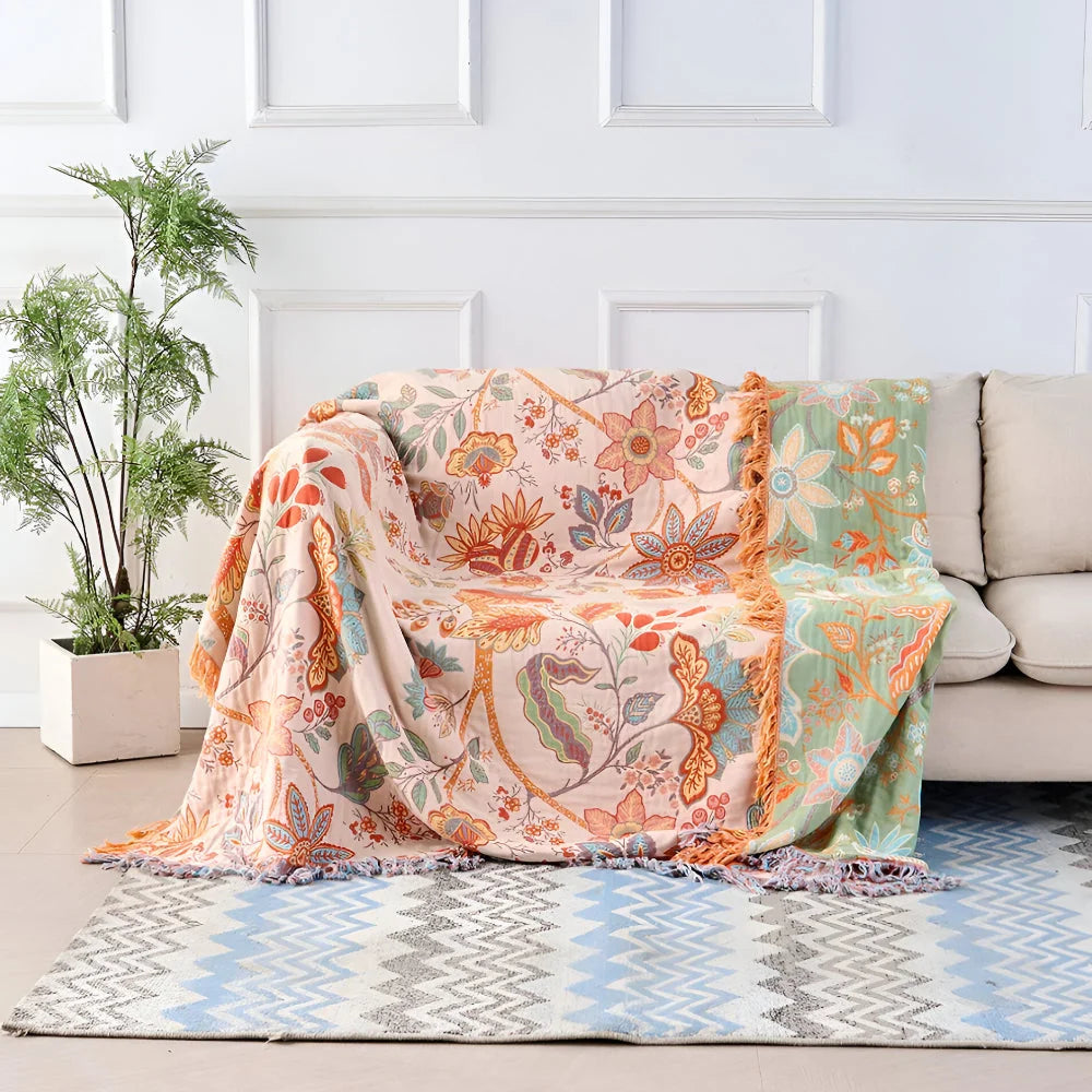 Throw Blanket Boho Floral Woven Fringe Machine Washable
