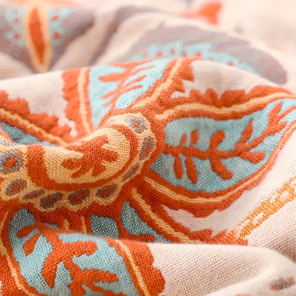 Throw Blanket Boho Floral Woven Fringe Machine Washable