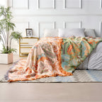 Throw Blanket Boho Floral Woven Fringe Machine Washable