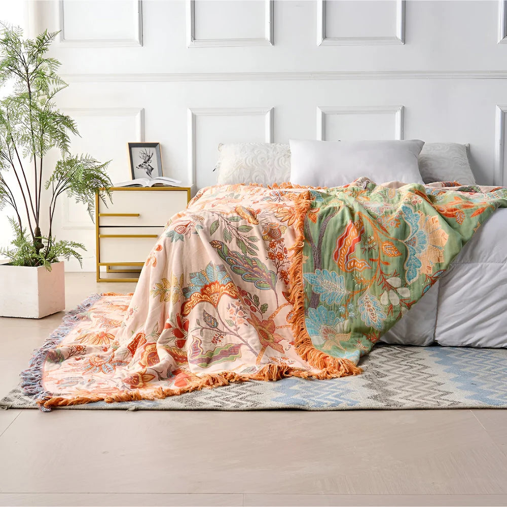 Throw Blanket Boho Floral Woven Fringe Machine Washable