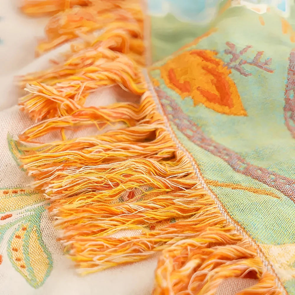 Throw Blanket Boho Floral Woven Fringe Machine Washable