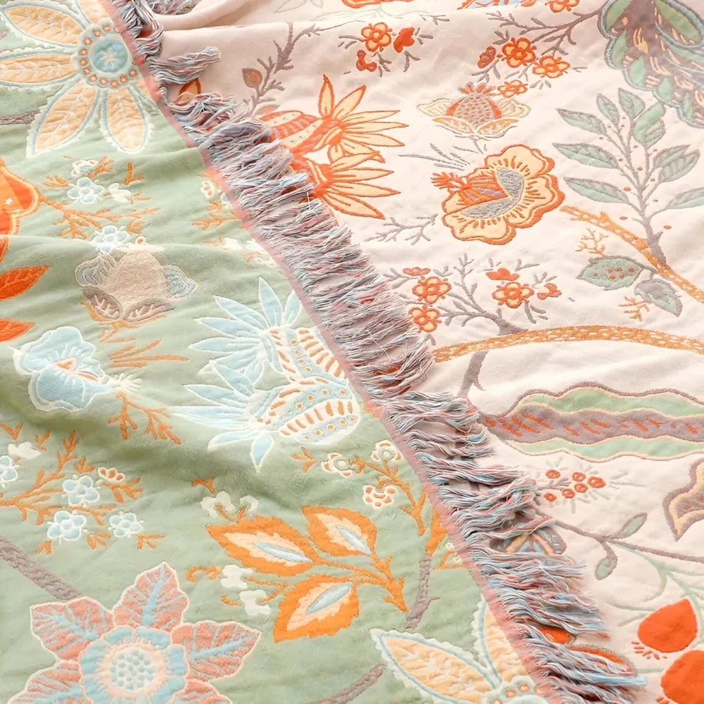 Throw Blanket Boho Floral Woven Fringe Machine Washable