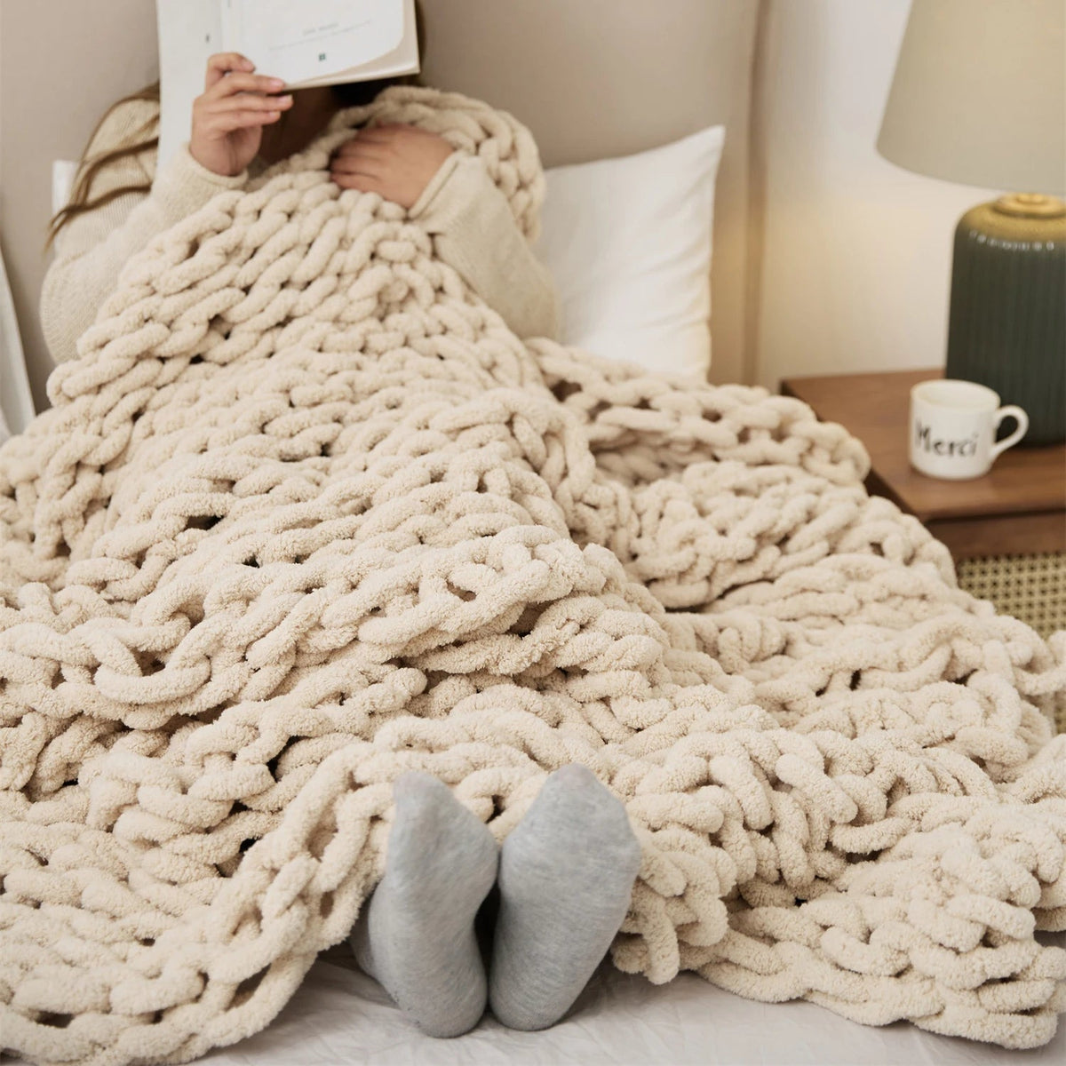 Throw Blanket Chenille Chunky Hand-Knotted Machine Washable