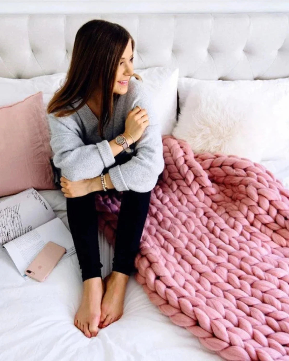Throw Blanket Hand-Knitted Chunky Chenille Breathable Knit