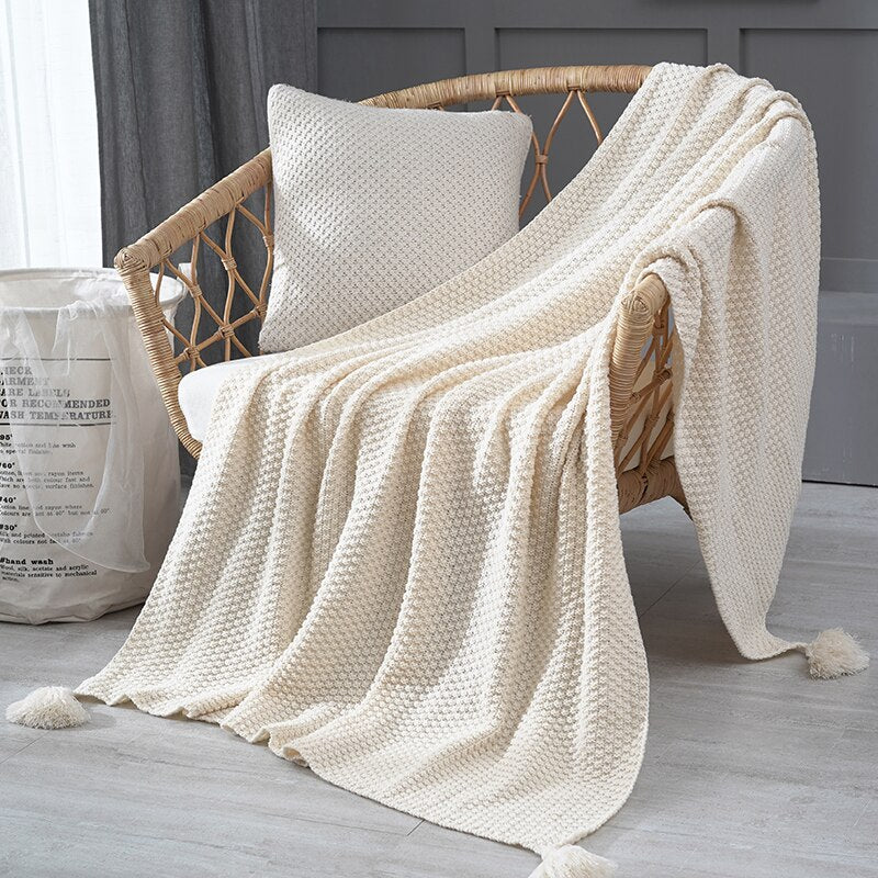 Throw Blanket Knitted Acrylic Plaid Beige