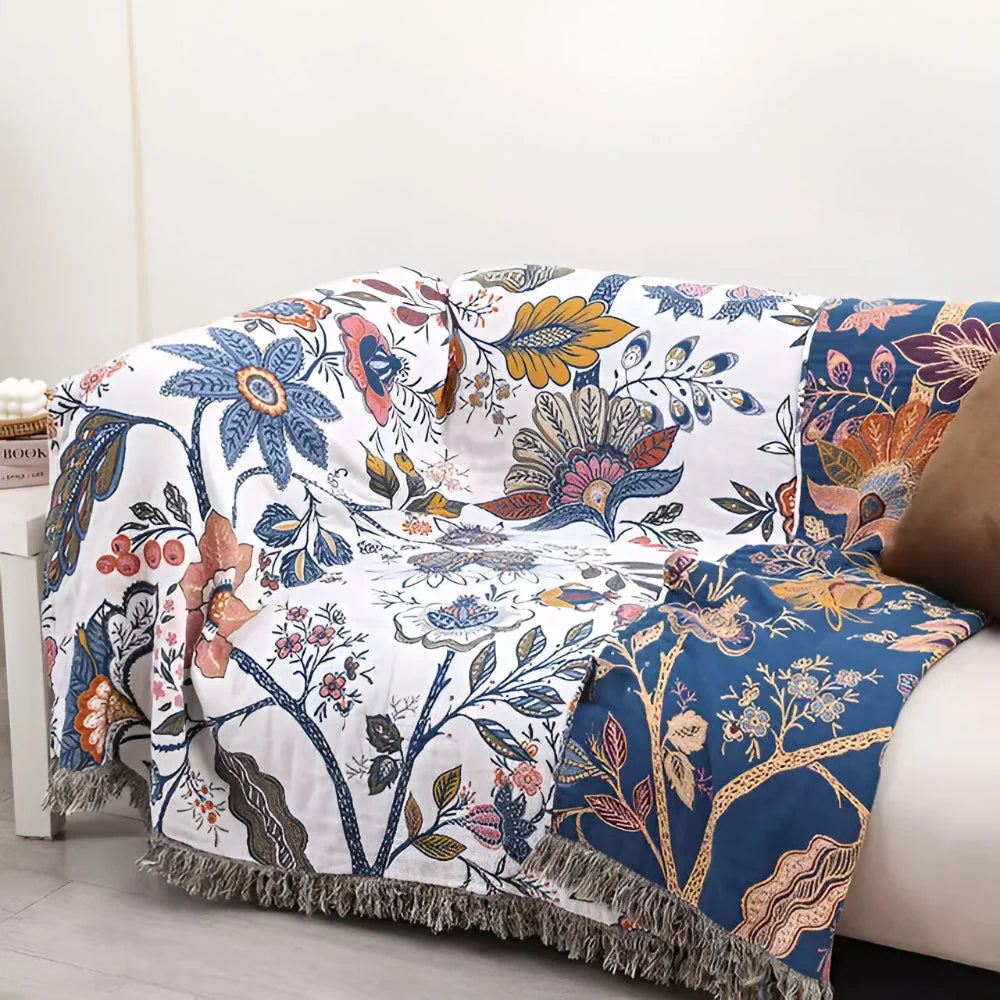 Throw Blanket Reversible Floral Jacquard Tassel Trim