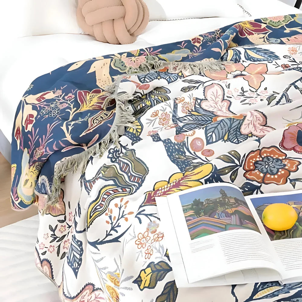 Throw Blanket Reversible Floral Jacquard Tassel Trim