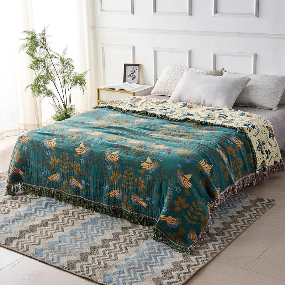 Throw Blanket Reversible Nordic Bird Pattern Woven & Machine Washable