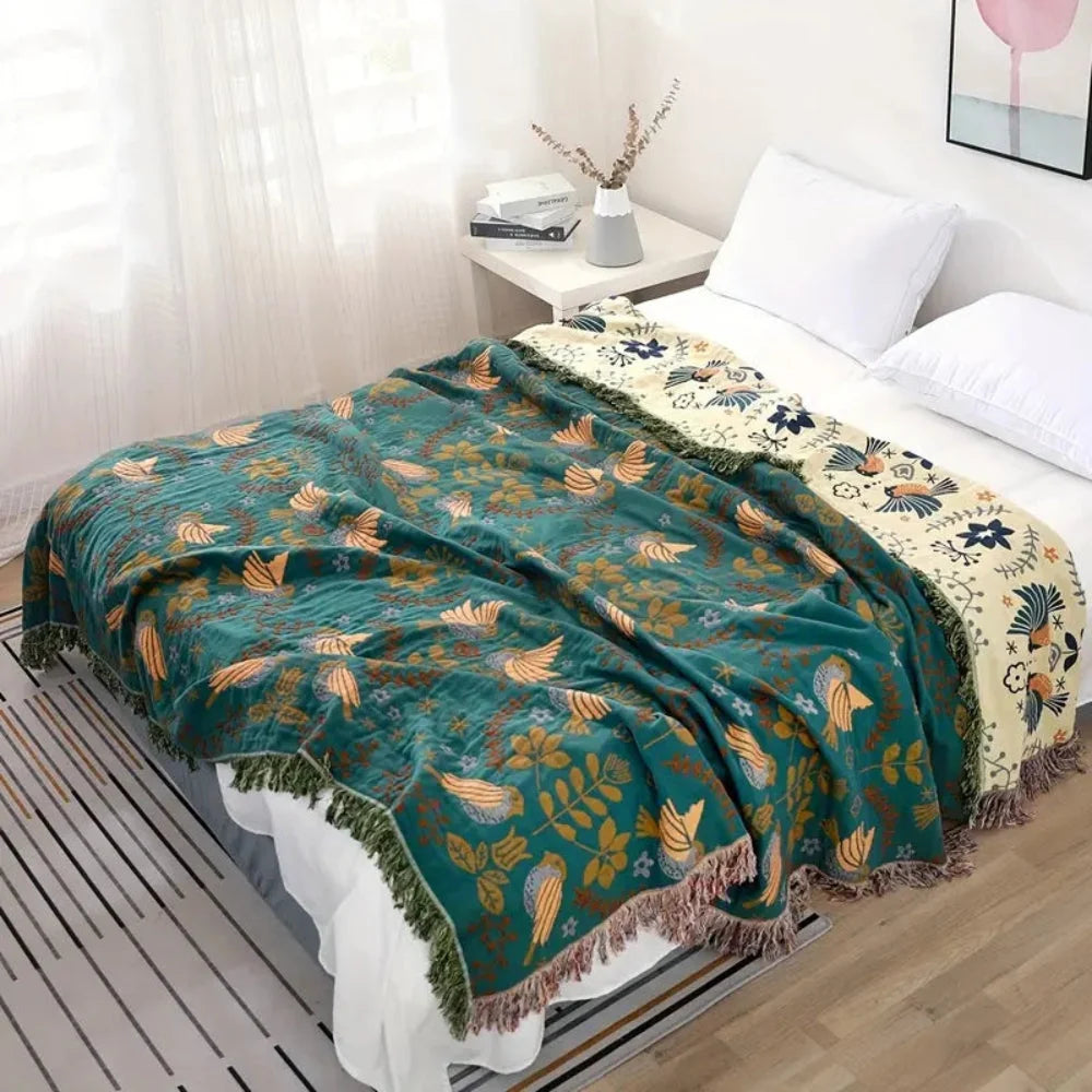 Throw Blanket Reversible Nordic Bird Pattern Woven & Machine Washable