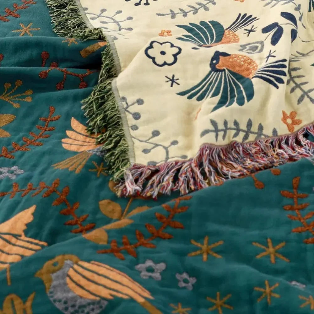 Throw Blanket Reversible Nordic Bird Pattern Woven & Machine Washable