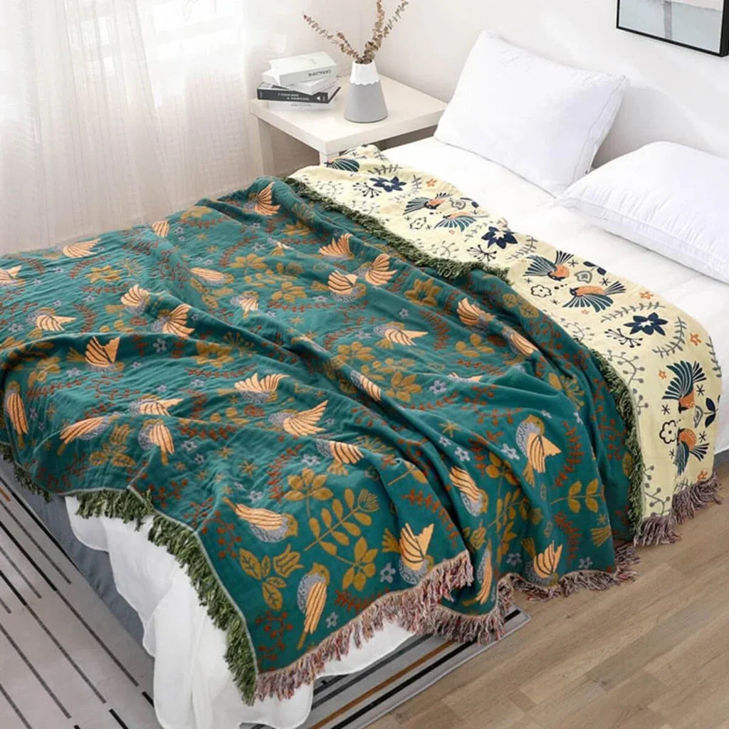 Throw Blanket Reversible Scandinavian Bird 100% Cotton Machine Washable