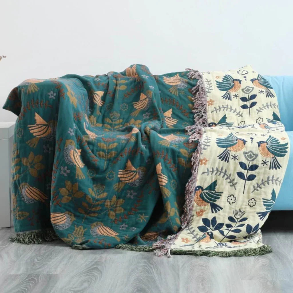 Throw Blanket Reversible Scandinavian Bird 100% Cotton Machine Washable