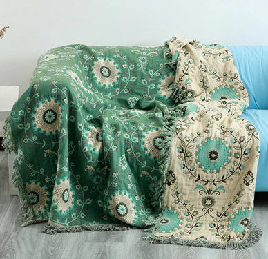 Throw Blanket Reversible Scandinavian Bird 100% Cotton Machine Washable