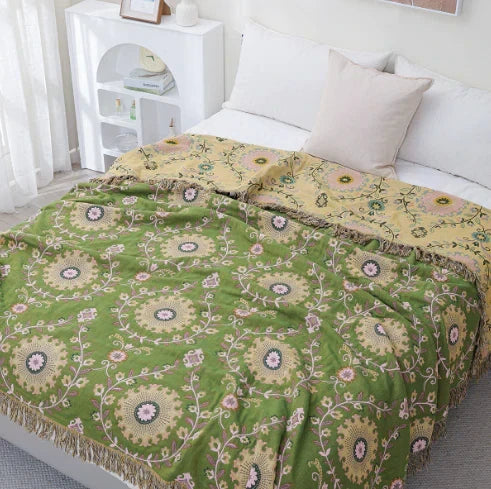 Throw Blanket Reversible Scandinavian Bird 100% Cotton Machine Washable