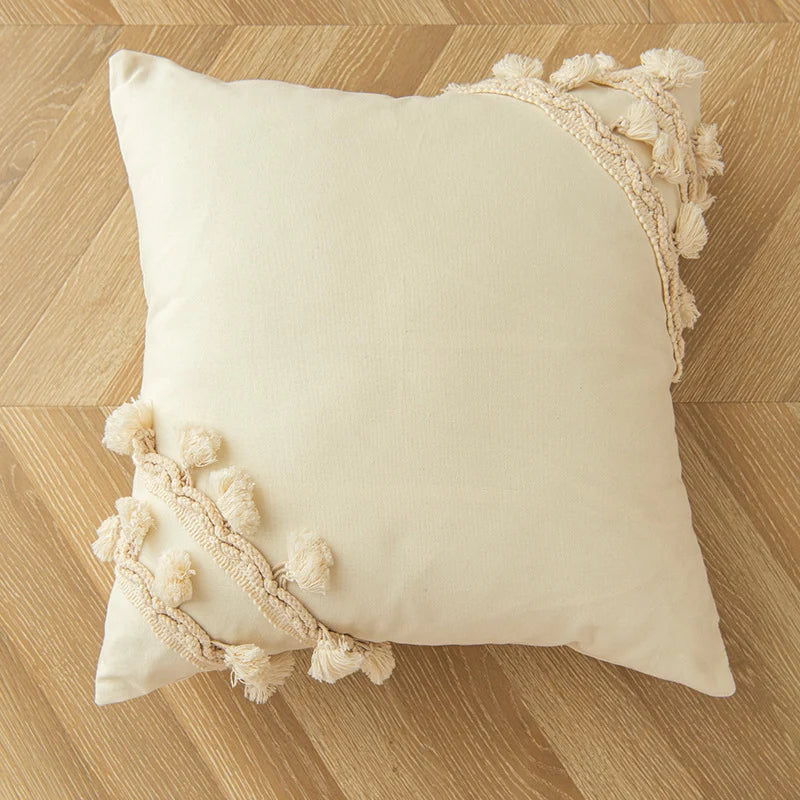 Throw Pillow Braided Cotton Tassel & Pom-Pom Trim