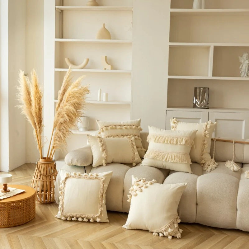Throw Pillow Braided Cotton Tassel & Pom-Pom Trim