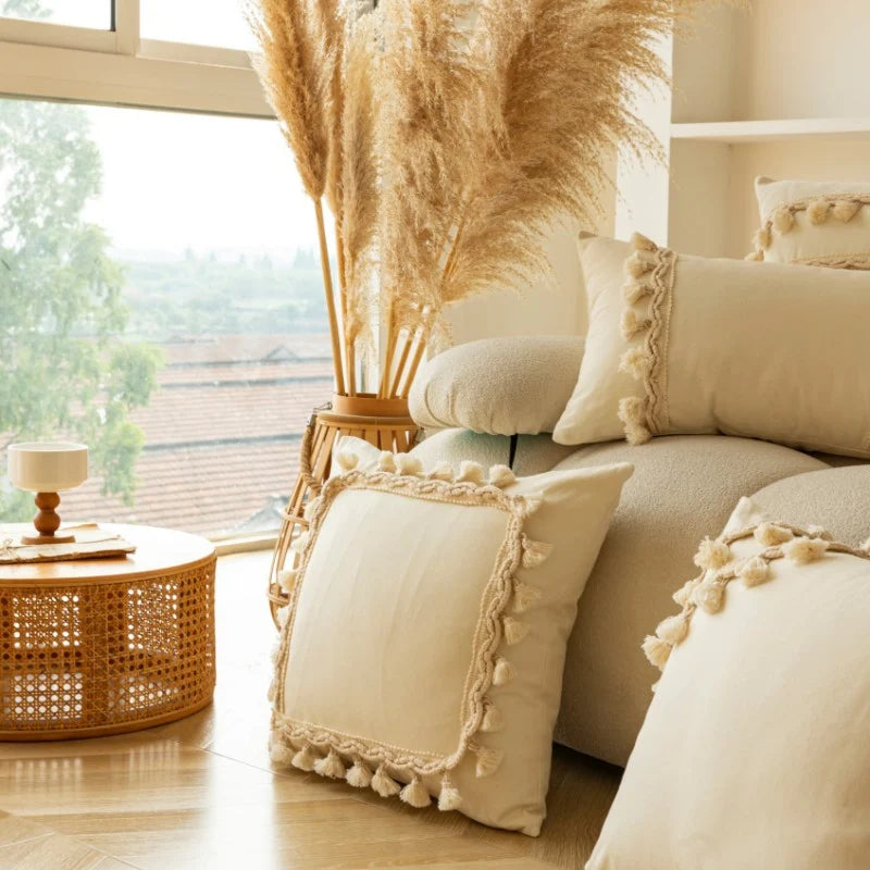 Throw Pillow Braided Cotton Tassel & Pom-Pom Trim