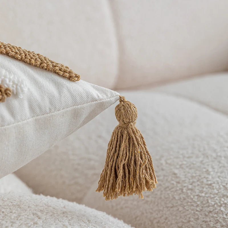 Throw Pillow Cover Boho Tufted Tassel Corners Hidden Zipper