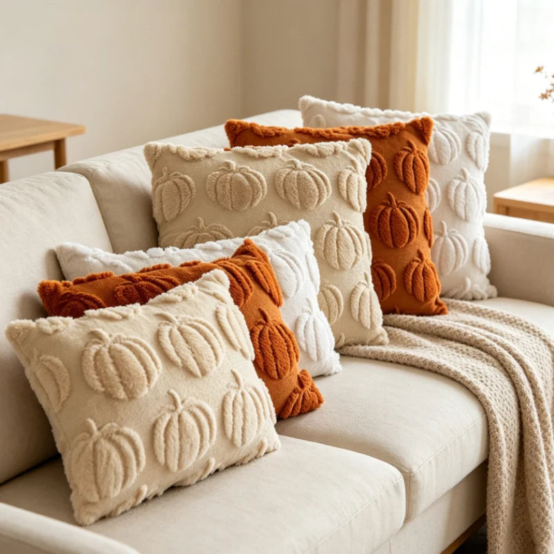 Throw Pillow Cover Chenille Tufted Pumpkin Removable Zipper