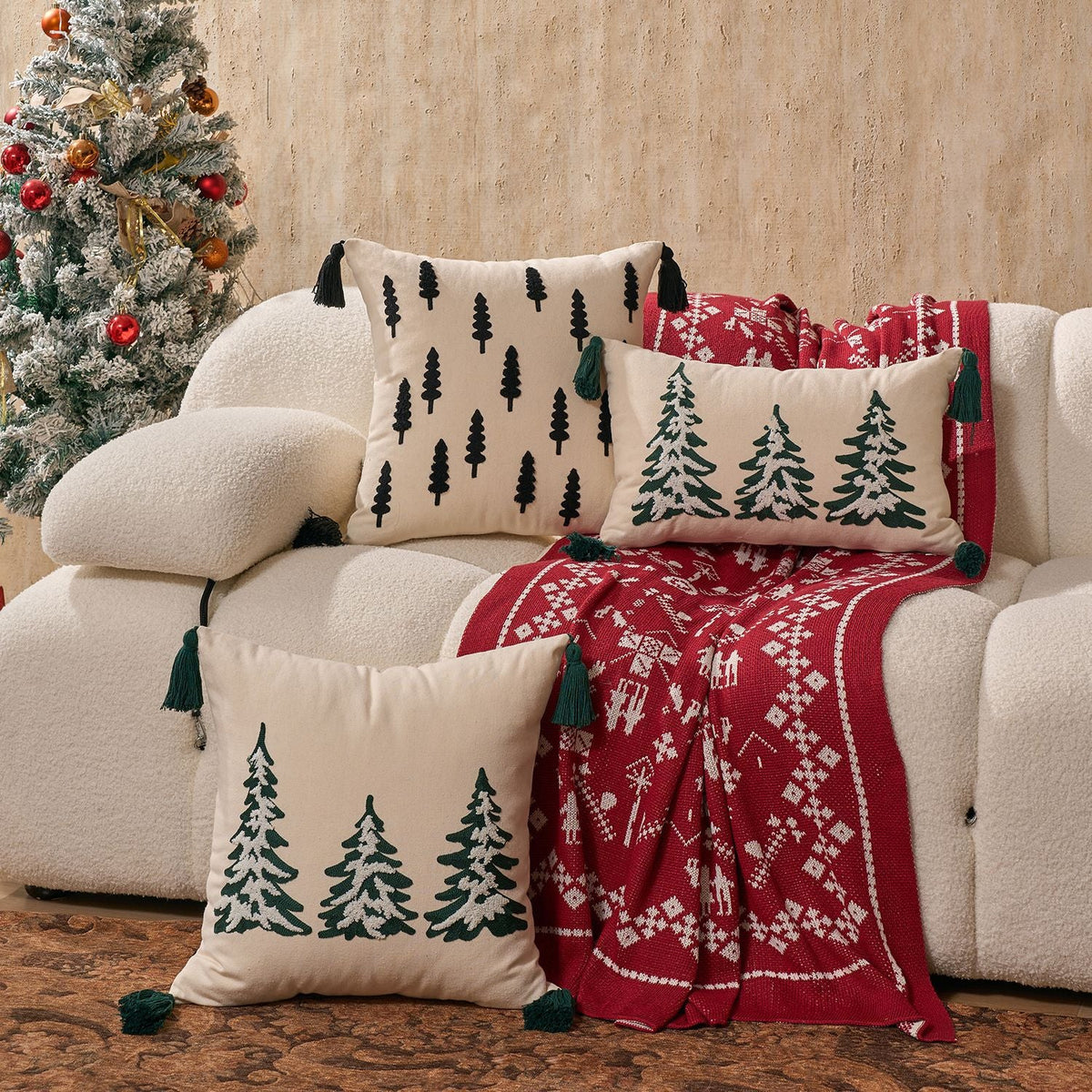 Throw Pillow Cover Embroidered Pine Trees & Corner Tassels