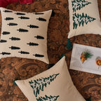 Throw Pillow Cover Embroidered Pine Trees & Corner Tassels