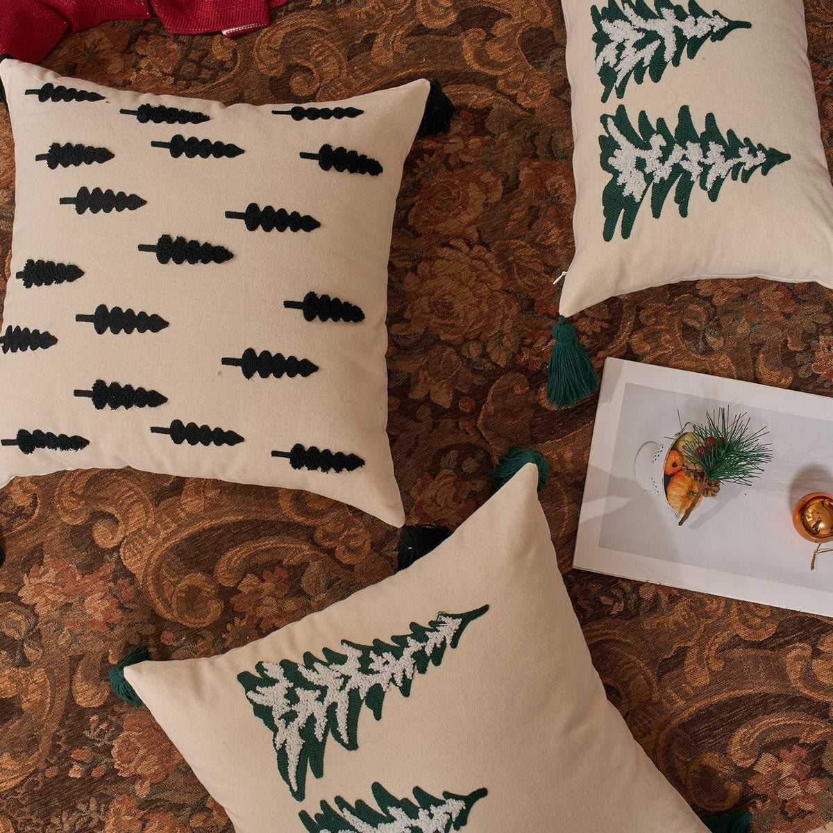 Throw Pillow Cover Embroidered Pine Trees & Corner Tassels