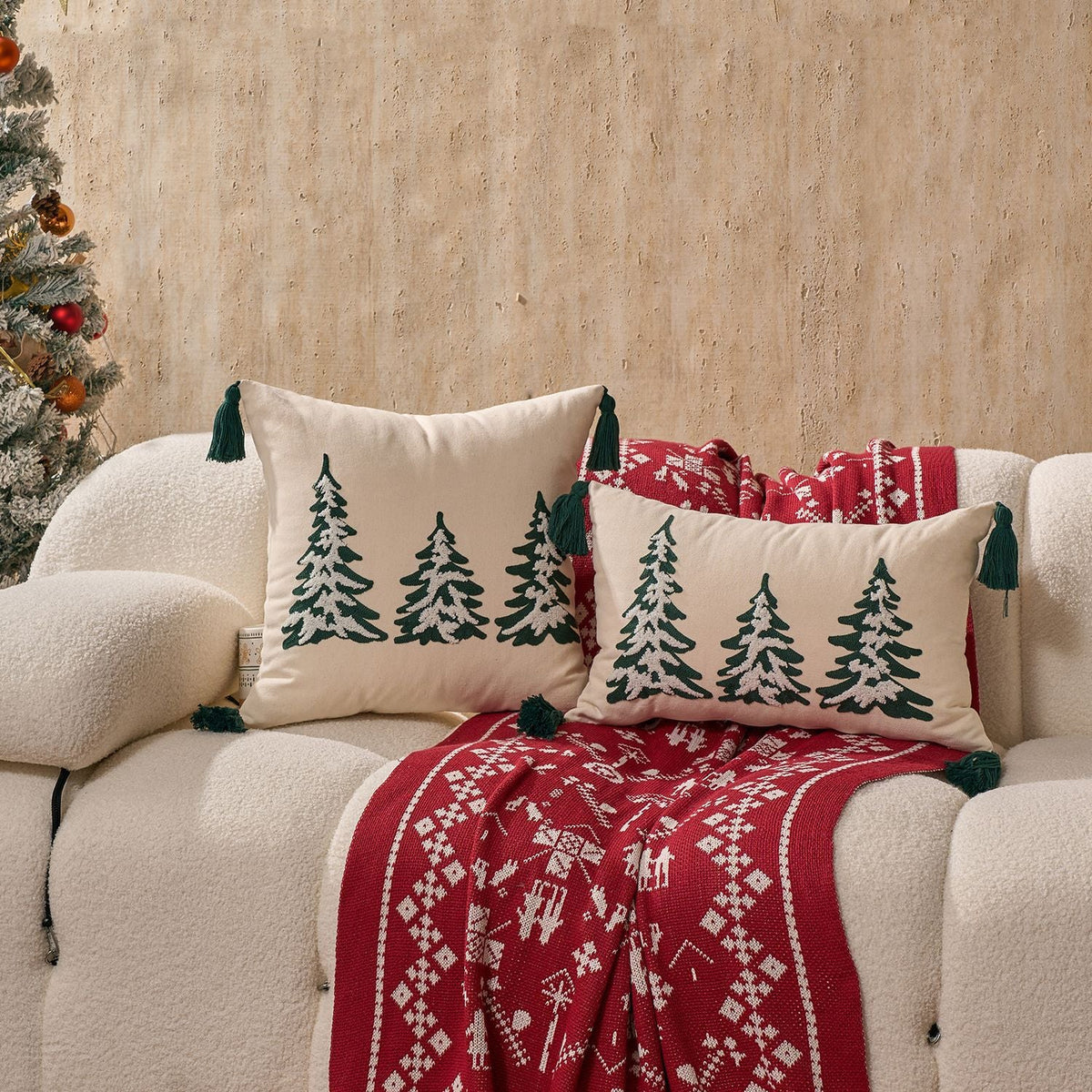 Throw Pillow Cover Embroidered Pine Trees & Corner Tassels