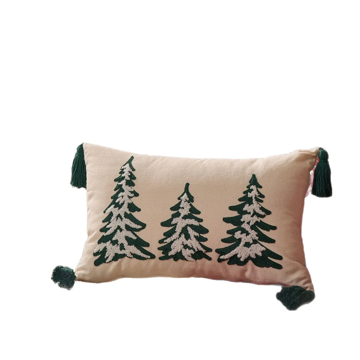 Throw Pillow Cover Embroidered Pine Trees & Corner Tassels