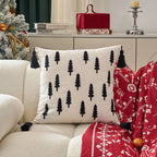 Throw Pillow Cover Embroidered Pine Trees & Corner Tassels