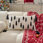 Throw Pillow Cover Embroidered Pine Trees & Corner Tassels