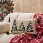 Throw Pillow Cover Embroidered Pine Trees & Corner Tassels