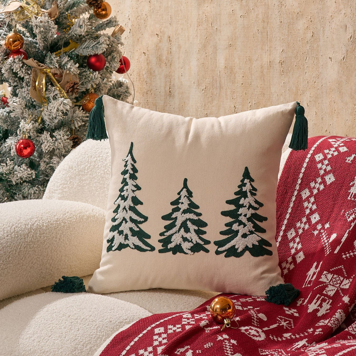 Throw Pillow Cover Embroidered Pine Trees & Corner Tassels