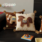 Throw Pillow Cover Embroidered Pony Applique Velvet & Pom-Pom