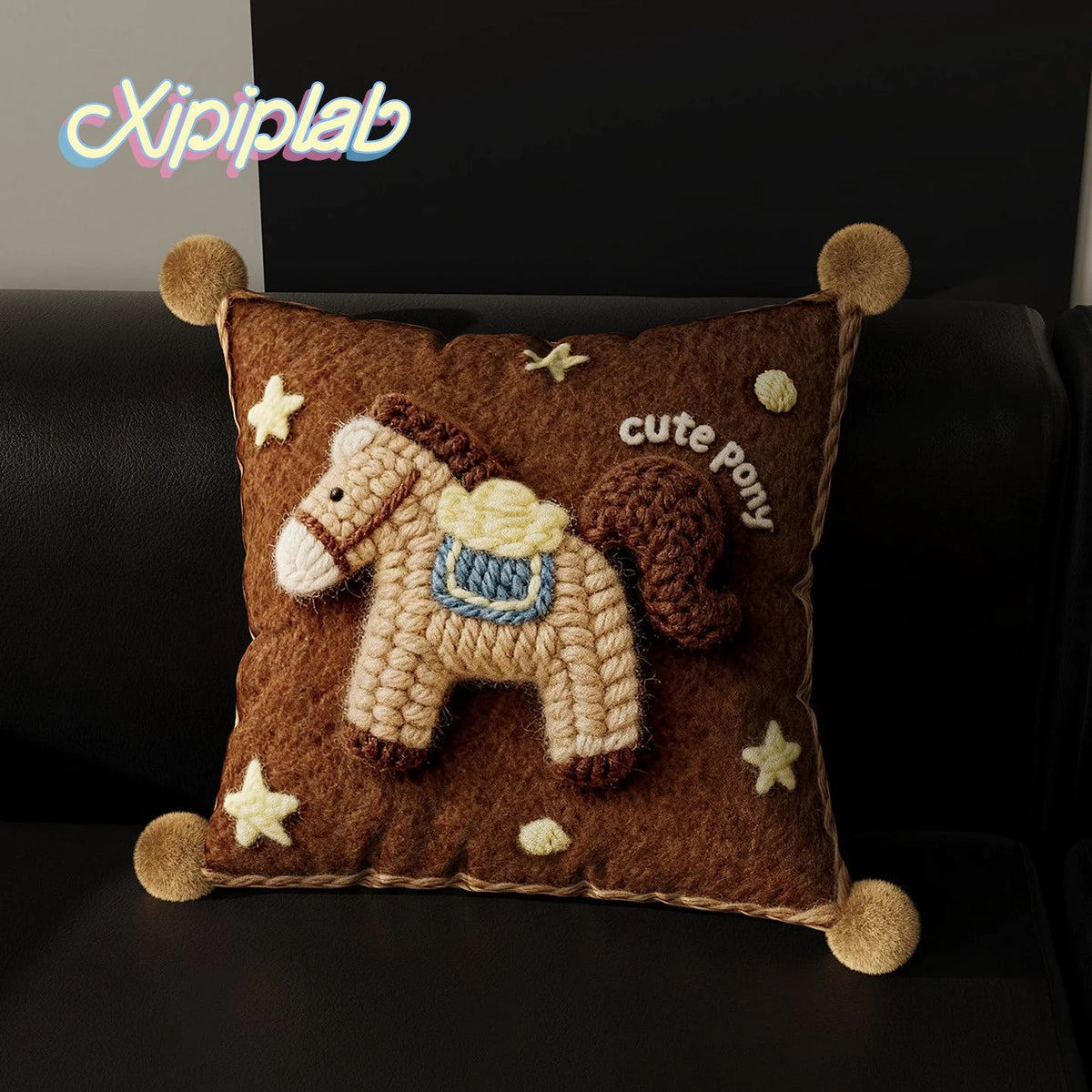 Throw Pillow Cover Embroidered Pony Applique Velvet & Pom-Pom